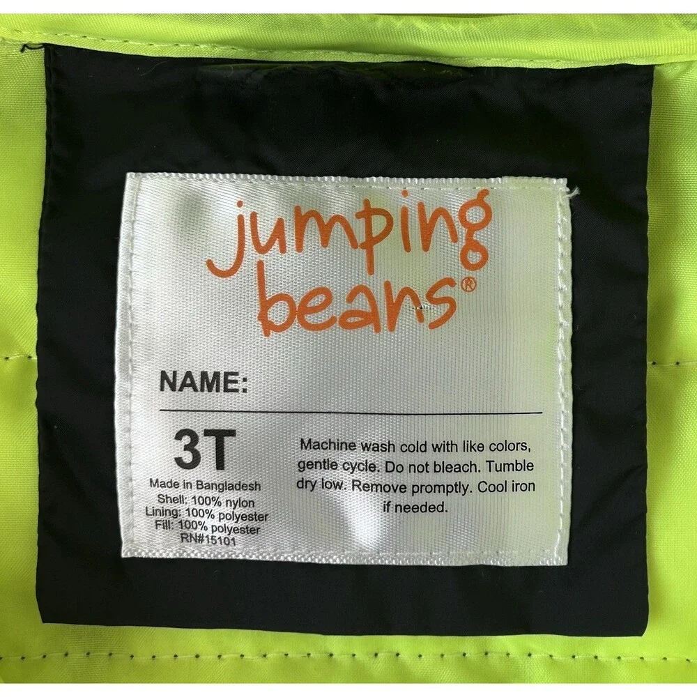 NEW No Tags! Jumping Beans Toddler 3T Black Neon Green Hooded Puffer Jacket